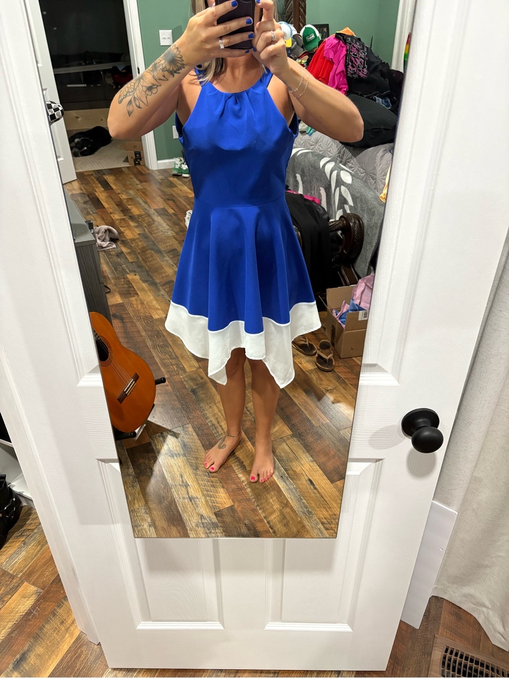 Monteau Royal Blue and White Asymmetrical Fit-and-Flare Dress
